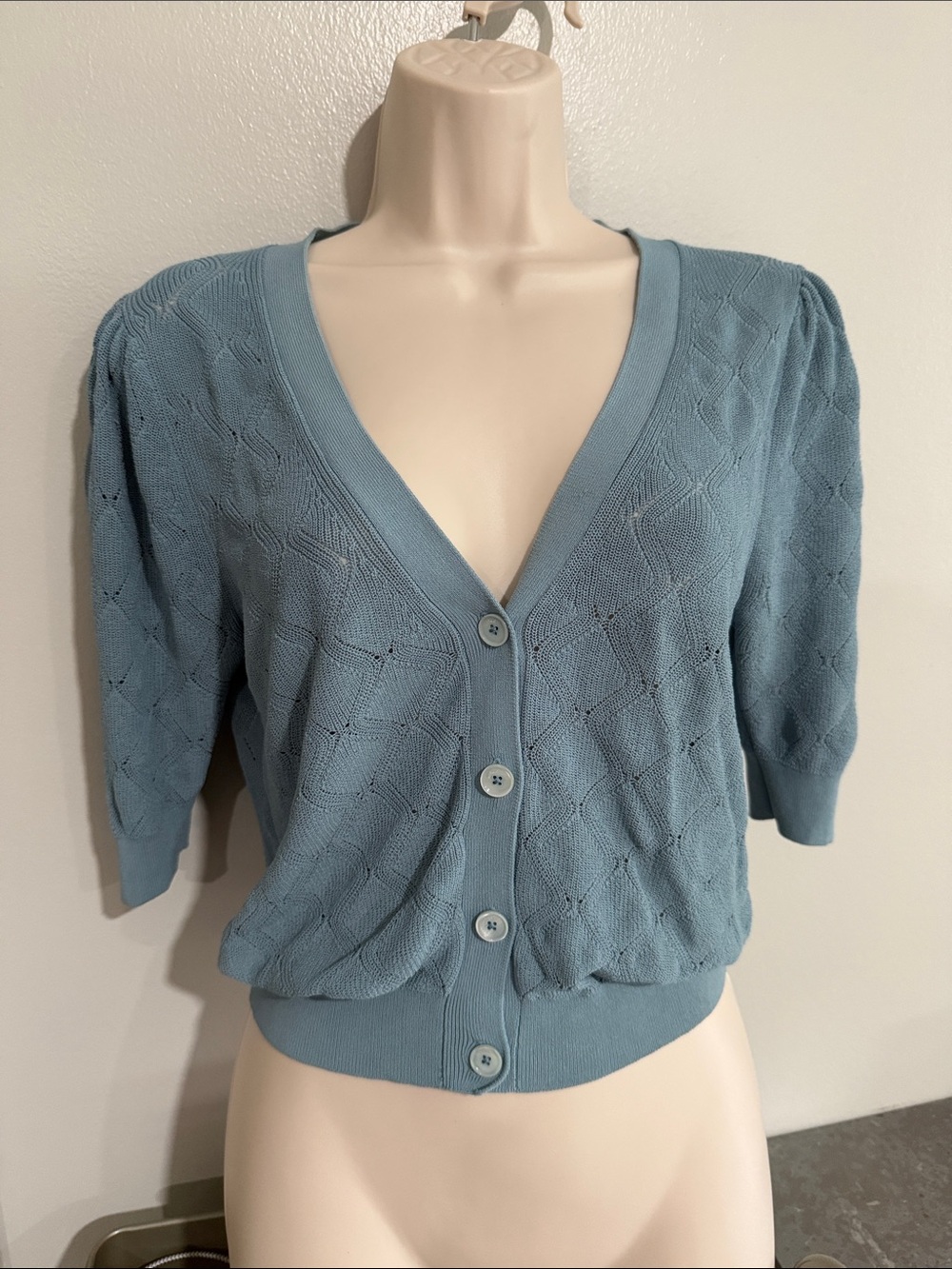 Wilfred Light Blue Pointelle Knit Button Cardigan elbow sleeves v neck